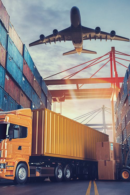 Transportation and logistics of Container Cargo ship and Cargo plane. 3d rendering and illustration.